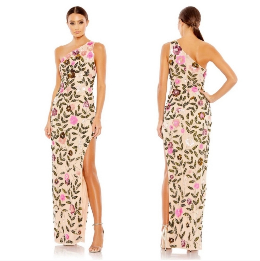 Mac Duggal 10903 Floral Sequined One Shoulder Column Gown Nude Multi